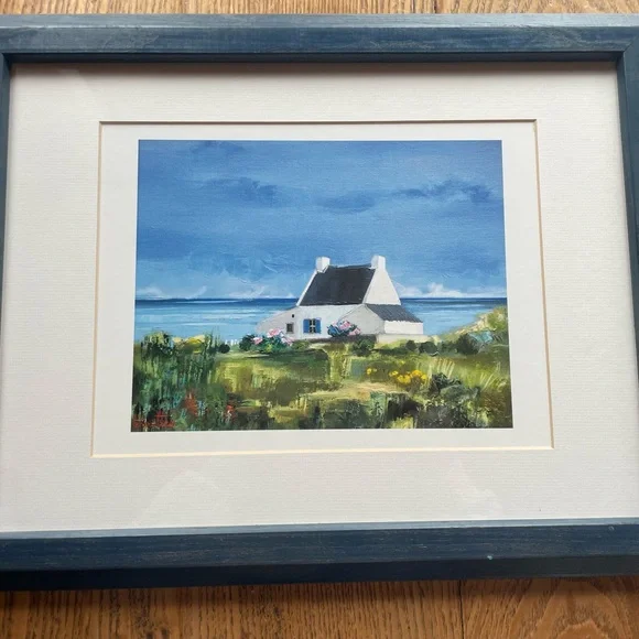 Unique Cottage by the Sea Scene Print Blue Frame19” 14” - Picture 1 of 7